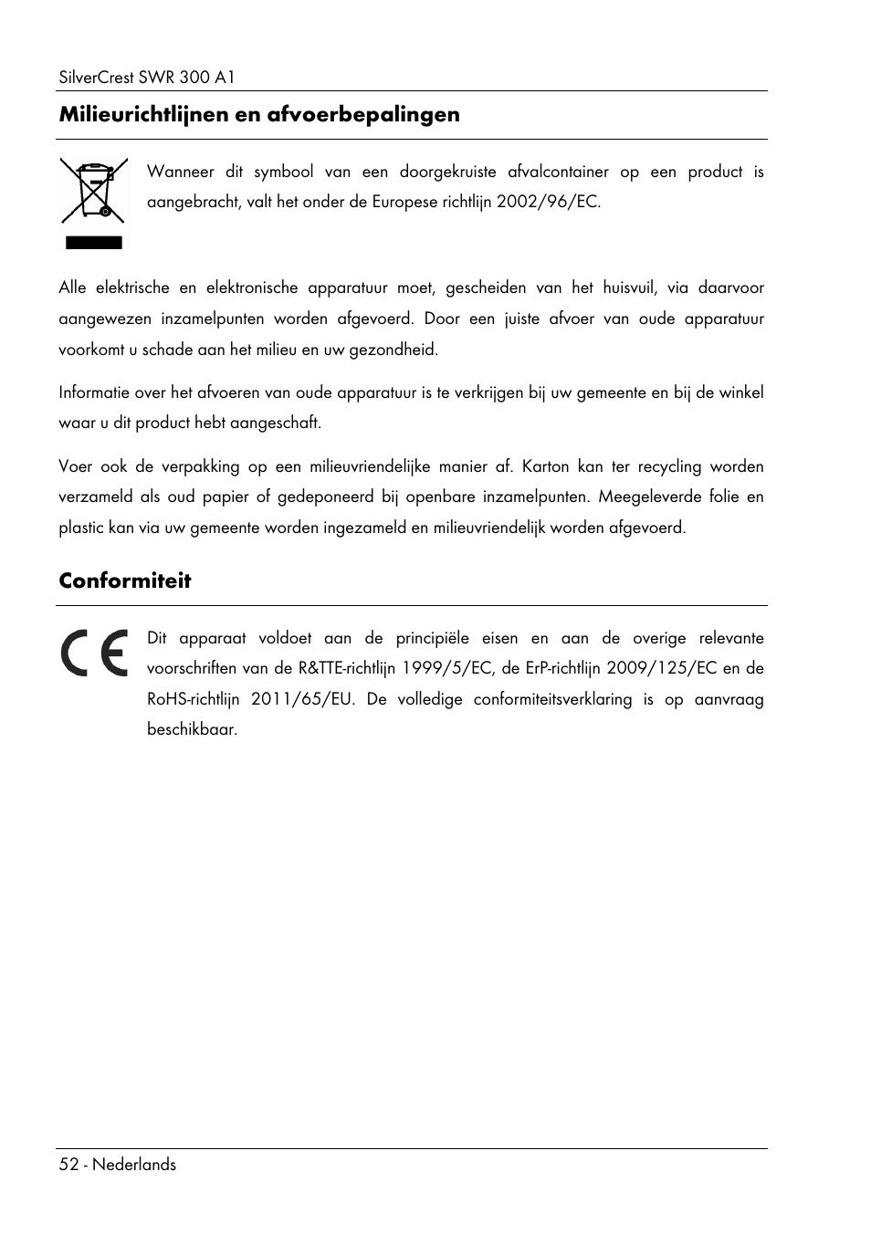 Milieurichtlijnen en afvoerbepalingen, Conformiteit | Silvercrest SWR 300 A1 User Manual | Page 54 / 112