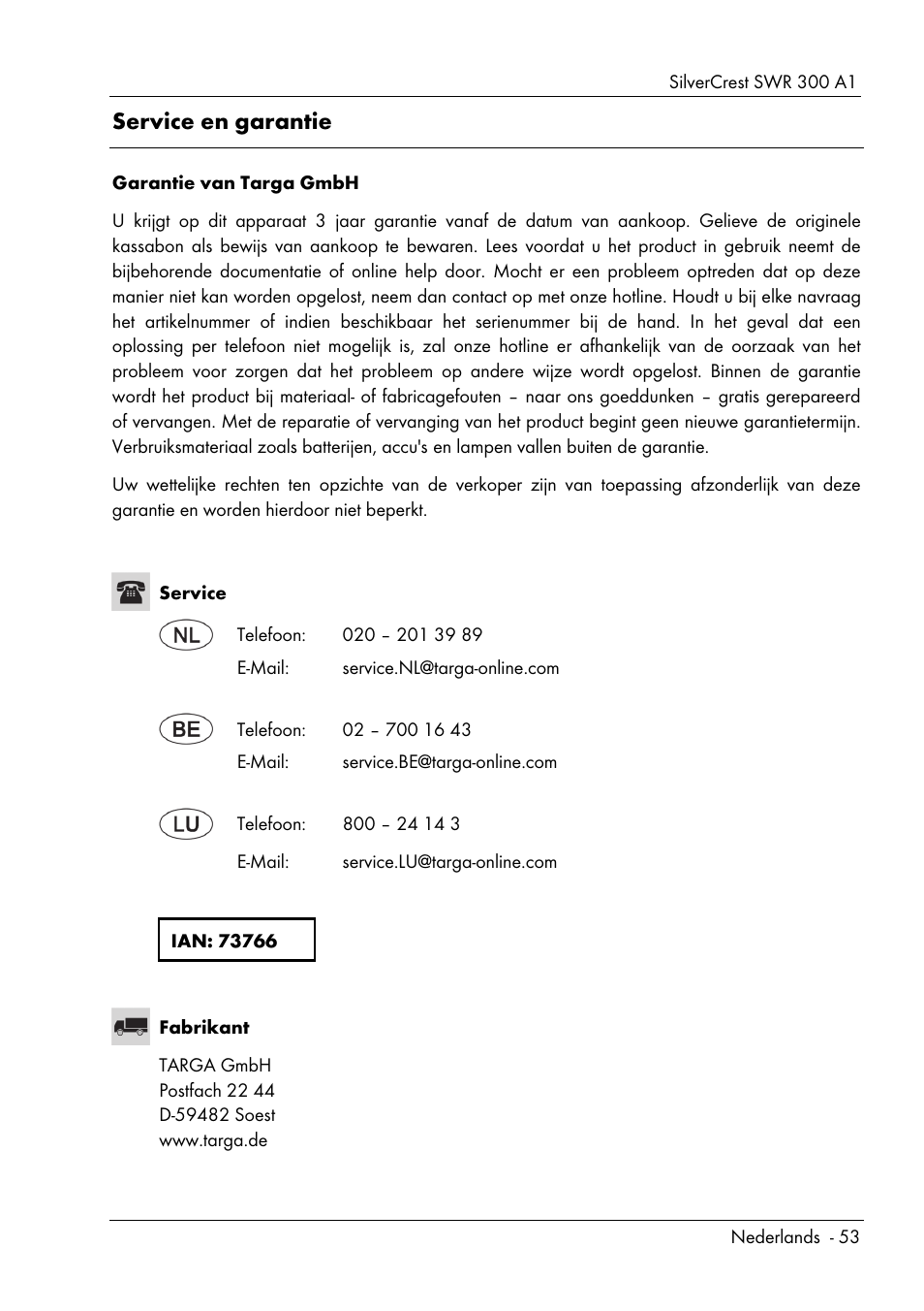 Service en garantie | Silvercrest SWR 300 A1 User Manual | Page 55 / 112