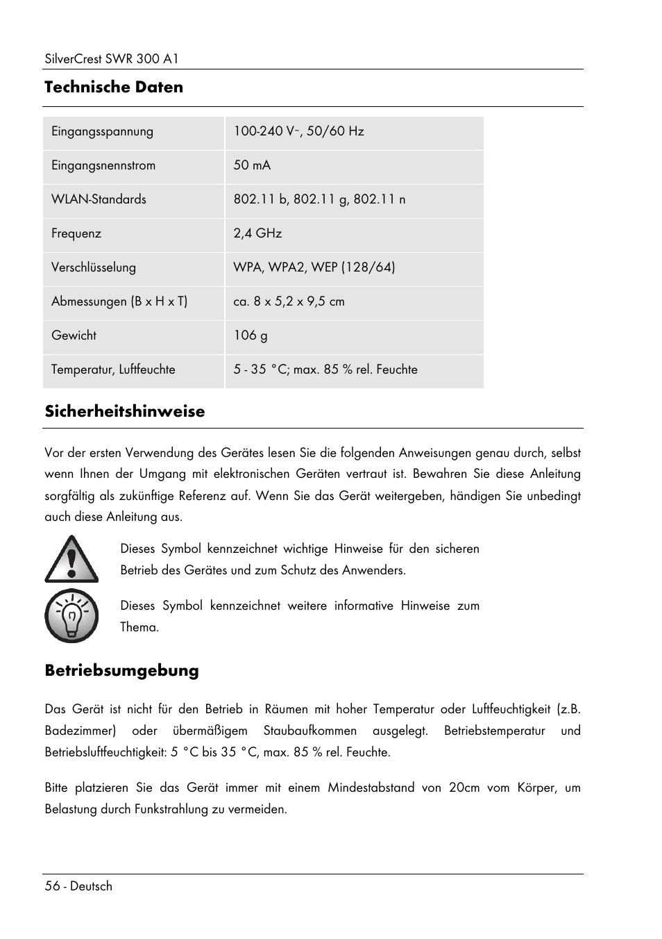 Technische daten, Sicherheitshinweise, Betriebsumgebung | Silvercrest SWR 300 A1 User Manual | Page 58 / 112