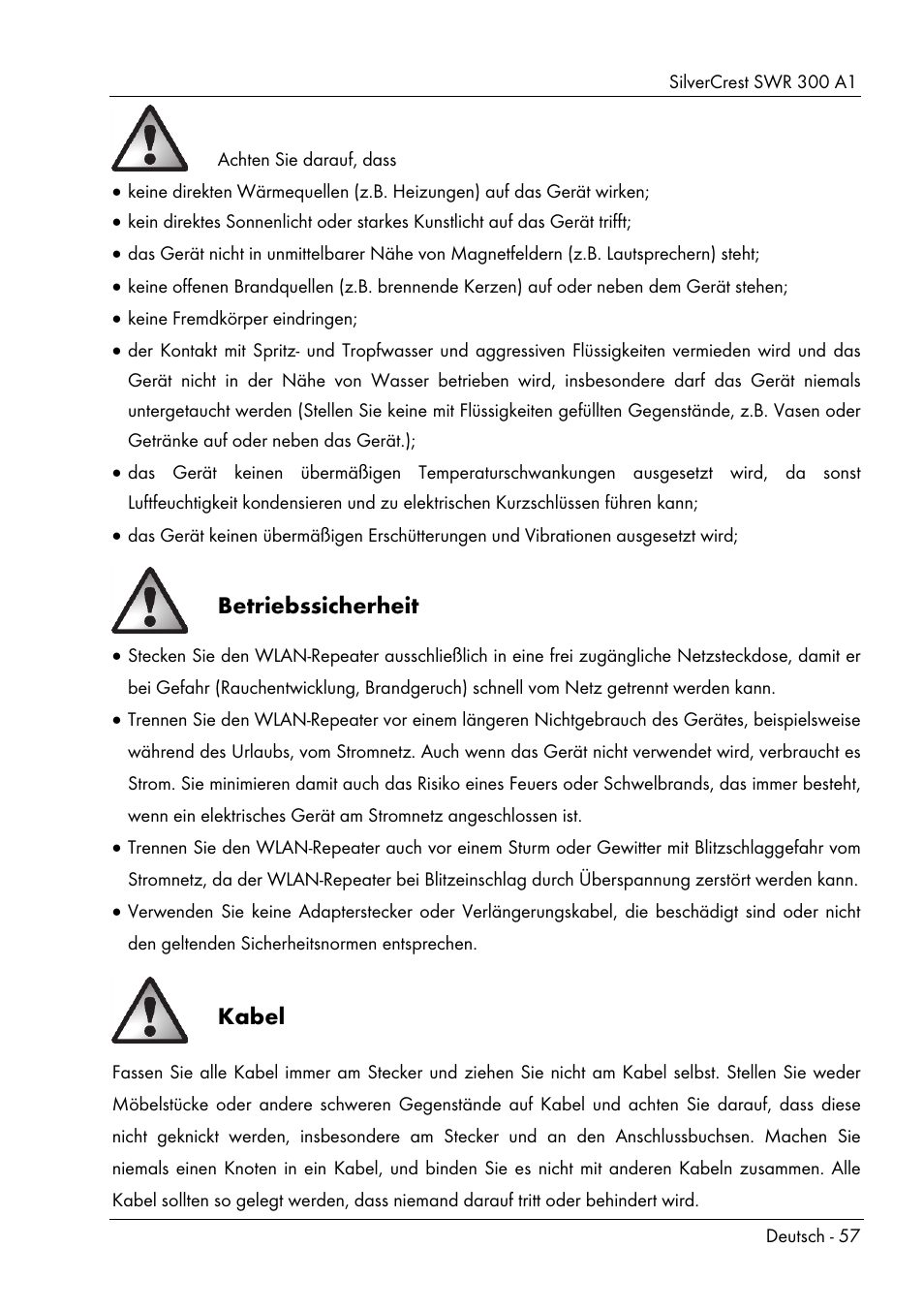 Betriebssicherheit, Kabel | Silvercrest SWR 300 A1 User Manual | Page 59 / 112