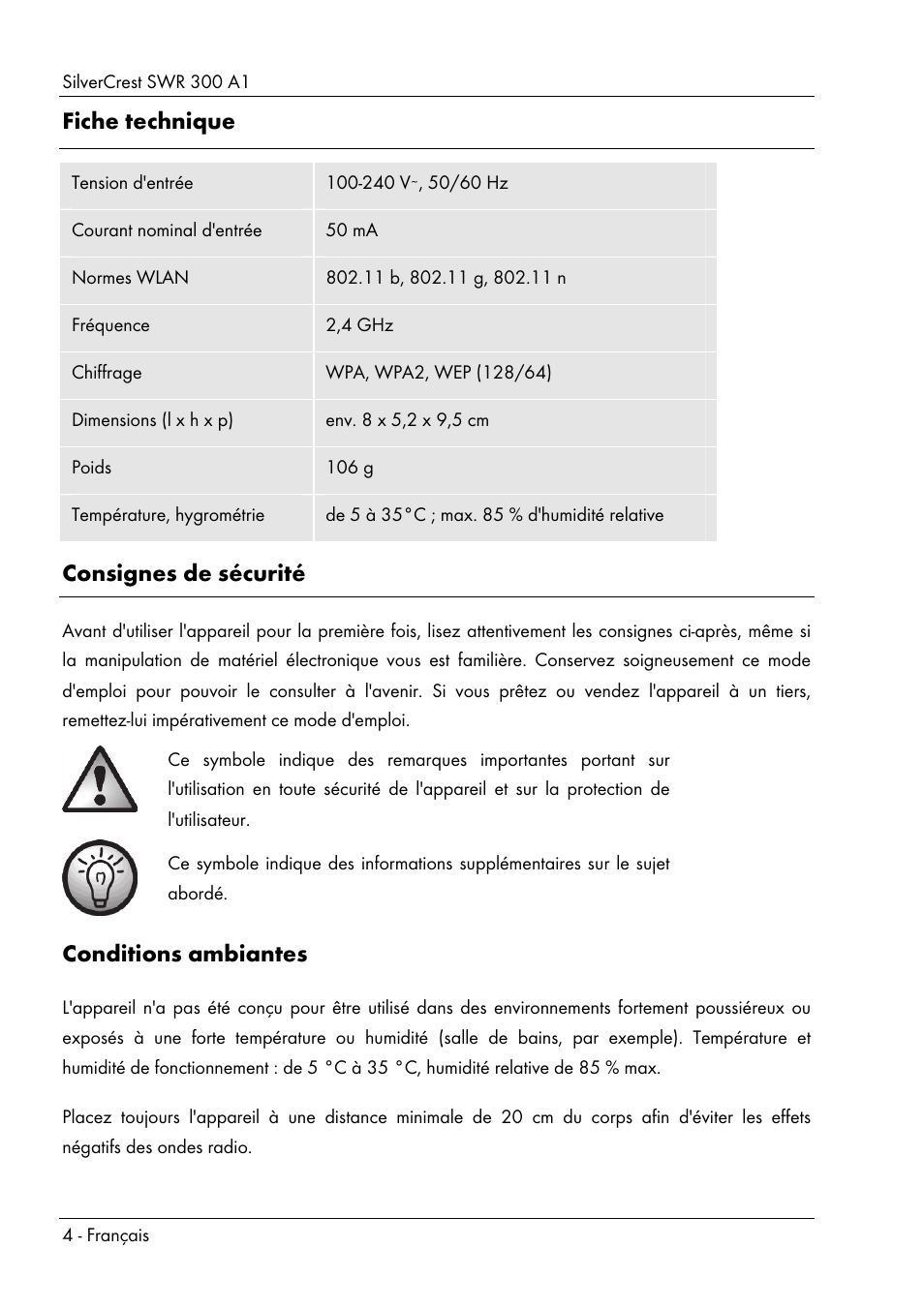 Fiche technique, Consignes de sécurité, Conditions ambiantes | Silvercrest SWR 300 A1 User Manual | Page 6 / 112