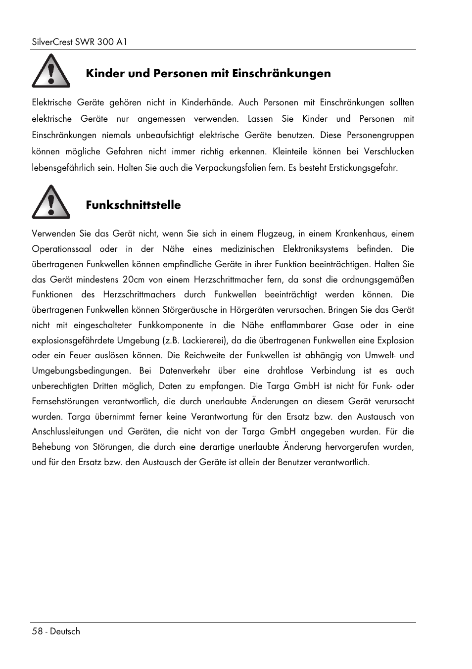 Kinder und personen mit einschränkungen, Funkschnittstelle | Silvercrest SWR 300 A1 User Manual | Page 60 / 112