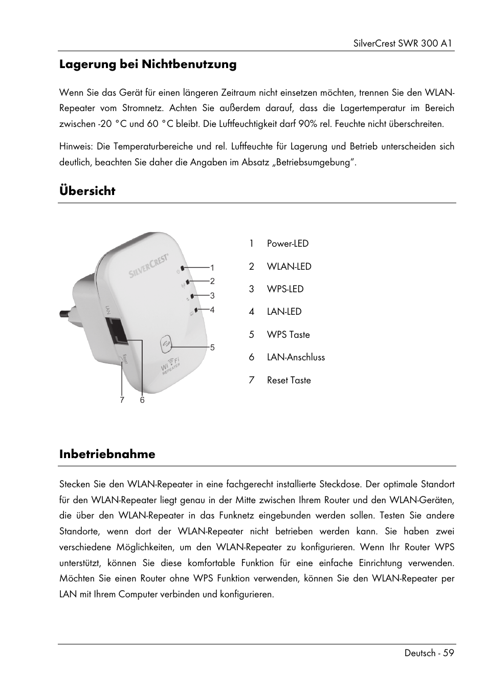 Lagerung bei nichtbenutzung, Übersicht, Inbetriebnahme | Silvercrest SWR 300 A1 User Manual | Page 61 / 112