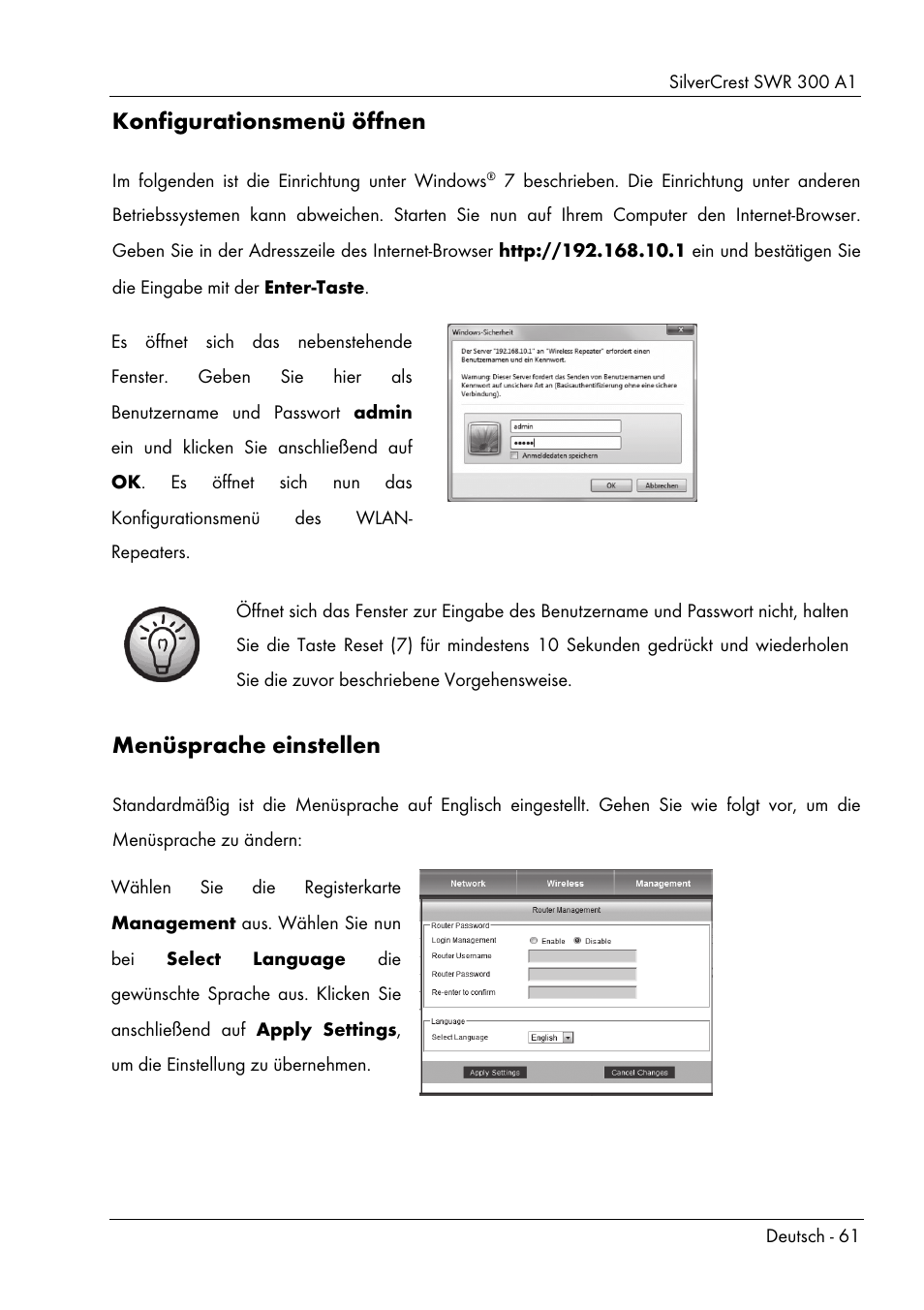 Konfigurationsmenü öffnen, Menüsprache einstellen | Silvercrest SWR 300 A1 User Manual | Page 63 / 112