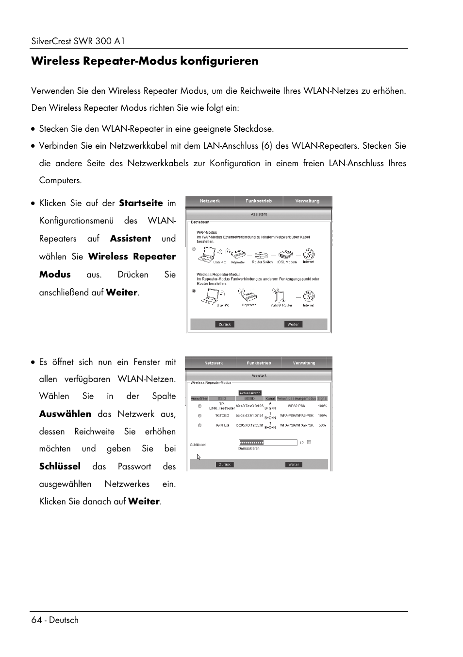 Wireless repeater-modus konfigurieren | Silvercrest SWR 300 A1 User Manual | Page 66 / 112