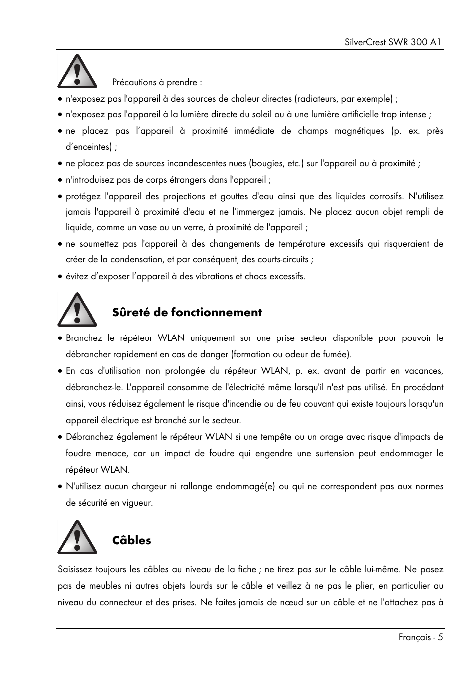 Sûreté de fonctionnement, Câbles | Silvercrest SWR 300 A1 User Manual | Page 7 / 112
