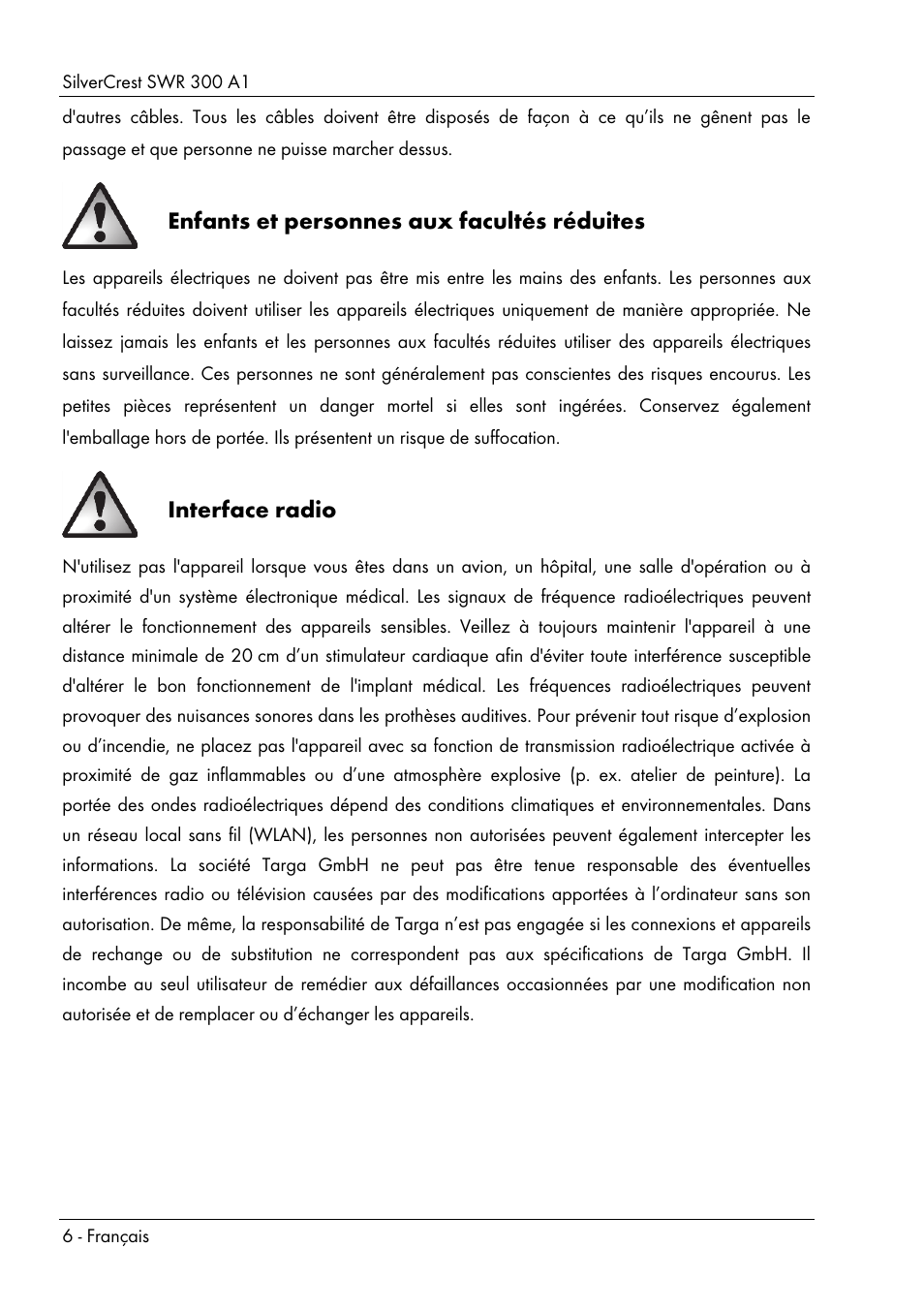 Enfants et personnes aux facultés réduites, Interface radio | Silvercrest SWR 300 A1 User Manual | Page 8 / 112