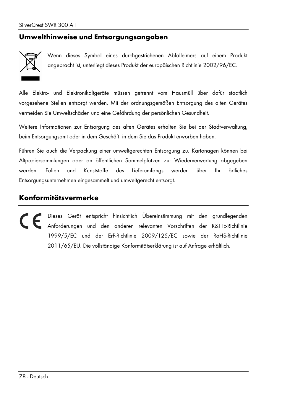 Umwelthinweise und entsorgungsangaben, Konformitätsvermerke | Silvercrest SWR 300 A1 User Manual | Page 80 / 112