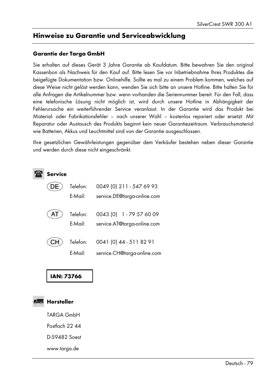 Hinweise zu garantie und serviceabwicklung | Silvercrest SWR 300 A1 User Manual | Page 81 / 112