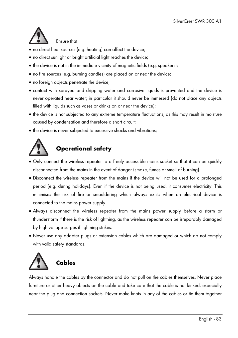 Operational safety, Cables | Silvercrest SWR 300 A1 User Manual | Page 85 / 112