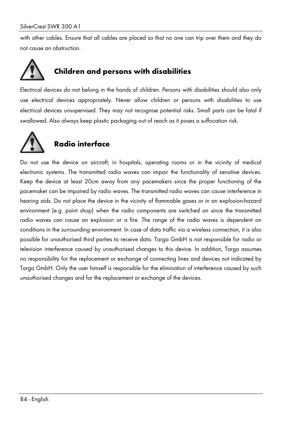 Children and persons with disabilities, Radio interface | Silvercrest SWR 300 A1 User Manual | Page 86 / 112