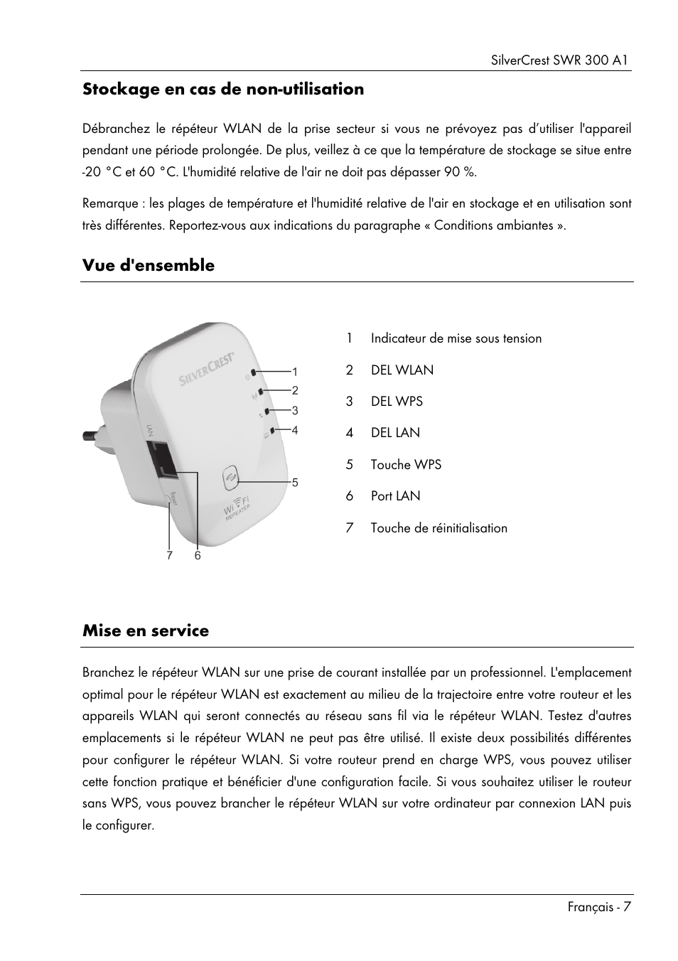 Stockage en cas de non-utilisation, Vue d'ensemble, Mise en service | Silvercrest SWR 300 A1 User Manual | Page 9 / 112