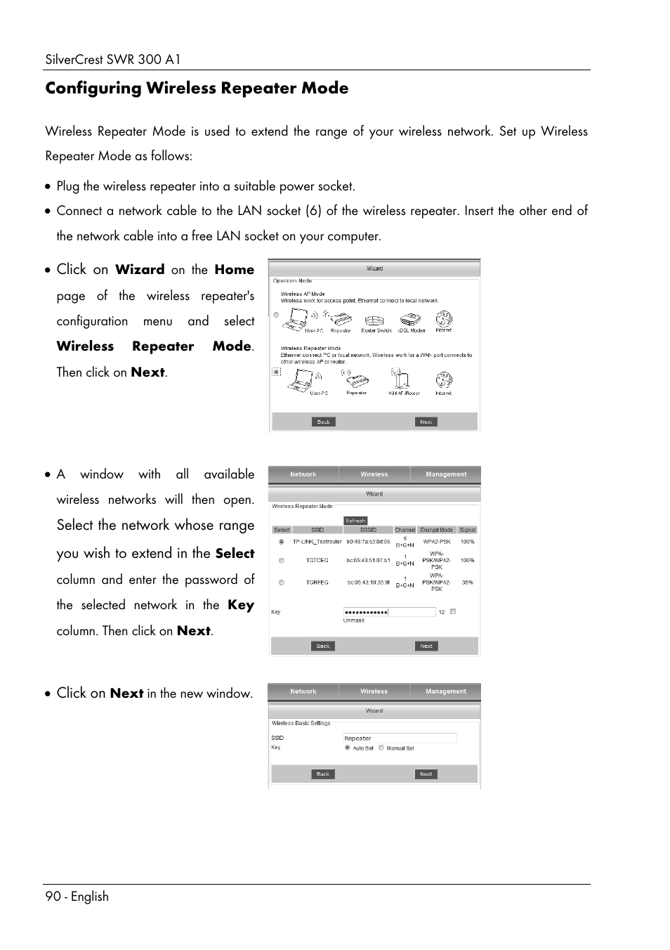 Configuring wireless repeater mode, Click on | Silvercrest SWR 300 A1 User Manual | Page 92 / 112