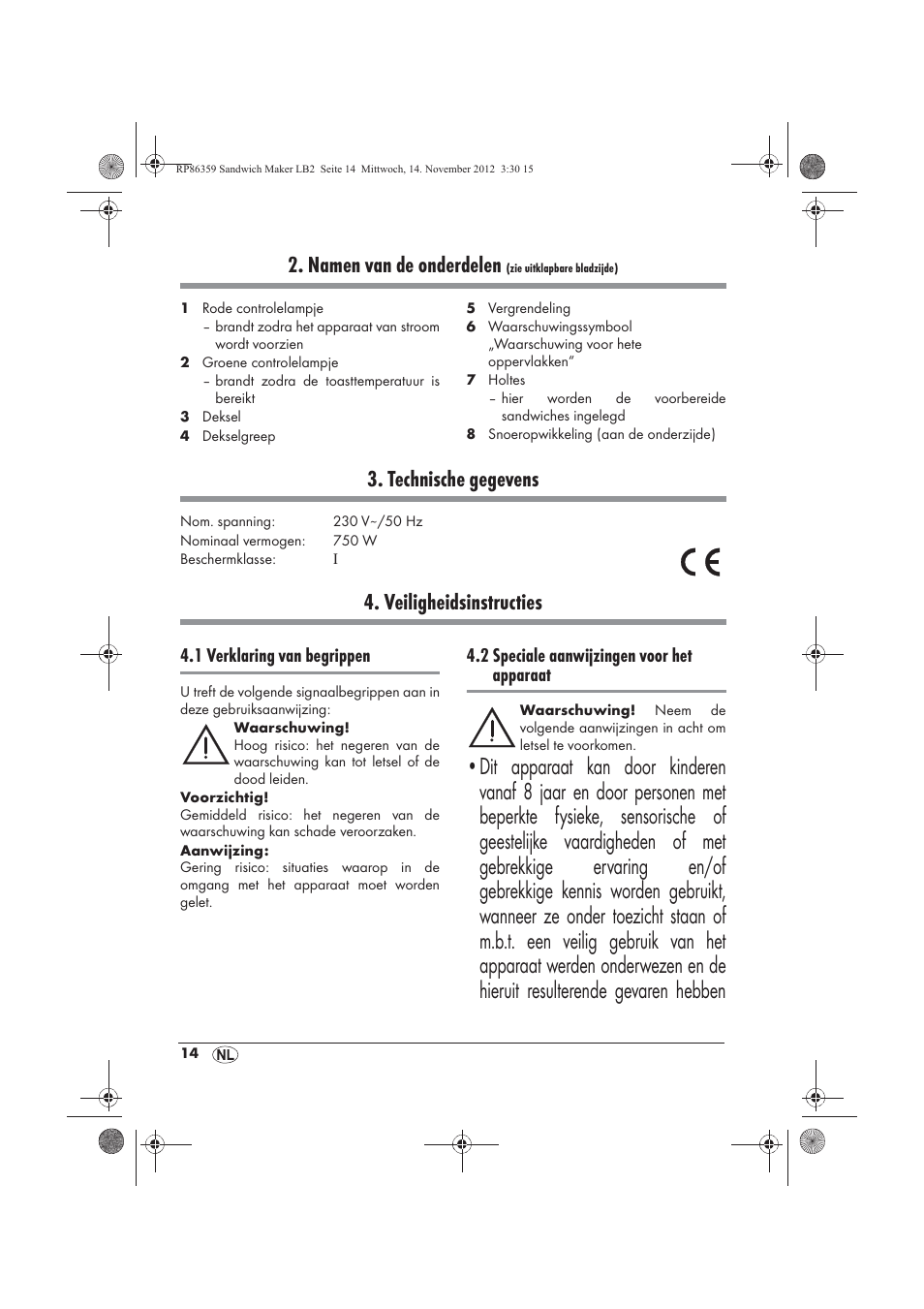 Namen van de onderdelen, Technische gegevens, Veiligheidsinstructies | 1 verklaring van begrippen, 2 speciale aanwijzingen voor het apparaat | Silvercrest SSWMD 750 A1 User Manual | Page 16 / 46