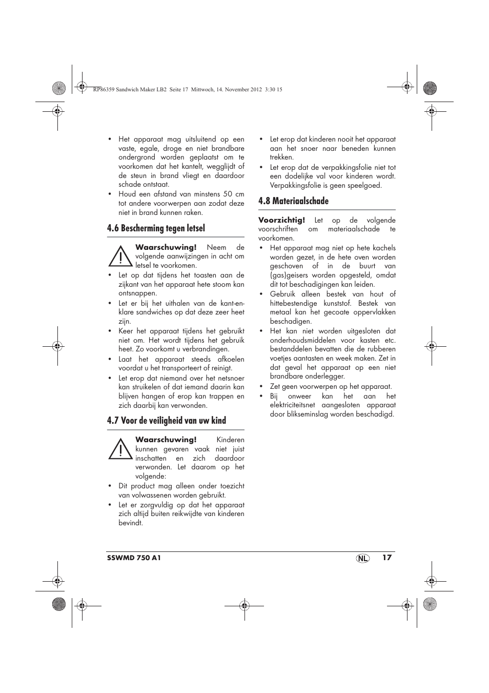 6 bescherming tegen letsel, 7 voor de veiligheid van uw kind, 8 materiaalschade | Silvercrest SSWMD 750 A1 User Manual | Page 19 / 46