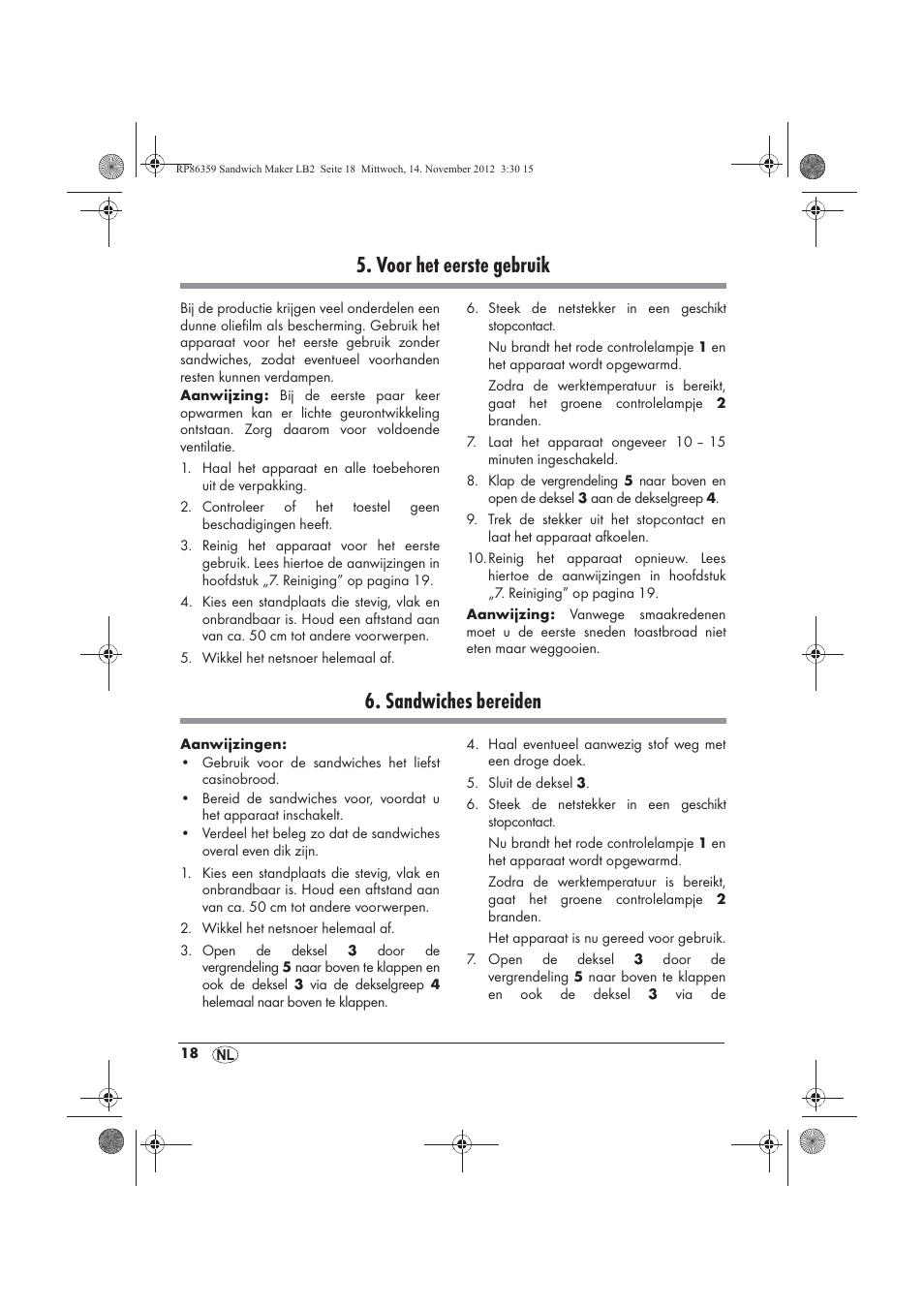 Voor het eerste gebruik, Sandwiches bereiden | Silvercrest SSWMD 750 A1 User Manual | Page 20 / 46