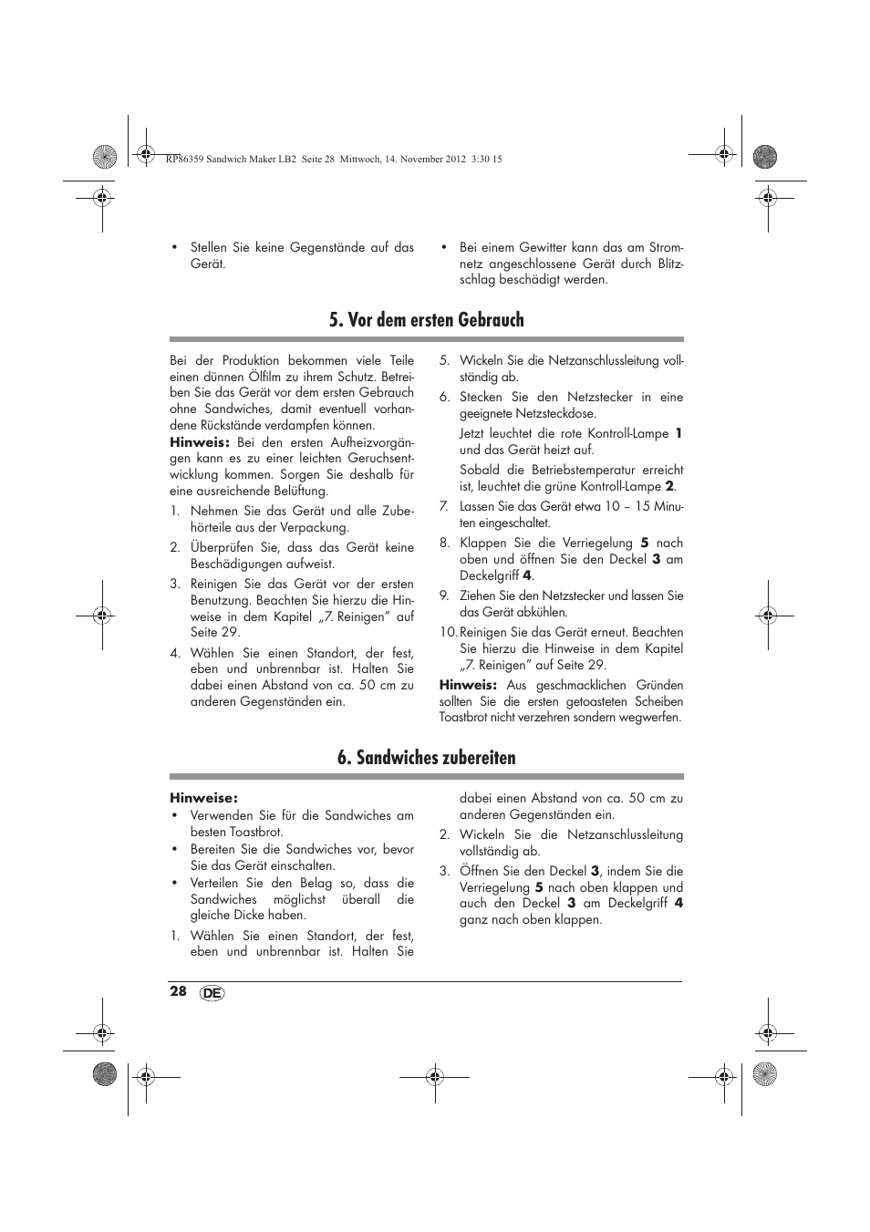 Vor dem ersten gebrauch, Sandwiches zubereiten | Silvercrest SSWMD 750 A1 User Manual | Page 30 / 46