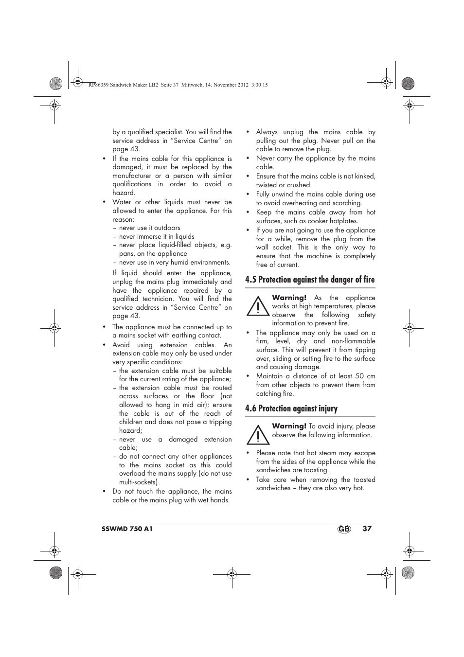 5 protection against the danger of fire, 6 protection against injury | Silvercrest SSWMD 750 A1 User Manual | Page 39 / 46