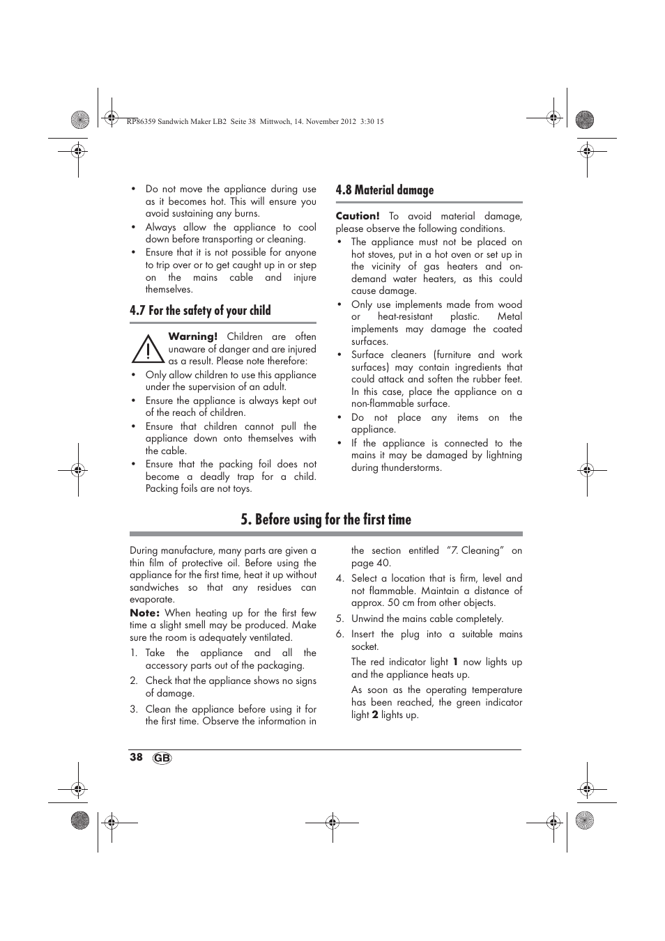 Before using for the first time, 7 for the safety of your child, 8 material damage | Silvercrest SSWMD 750 A1 User Manual | Page 40 / 46