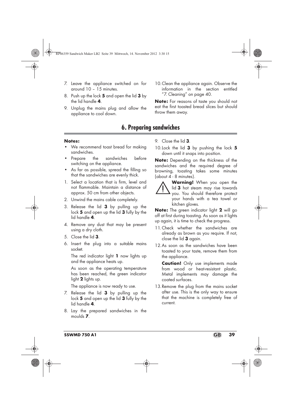 Preparing sandwiches | Silvercrest SSWMD 750 A1 User Manual | Page 41 / 46