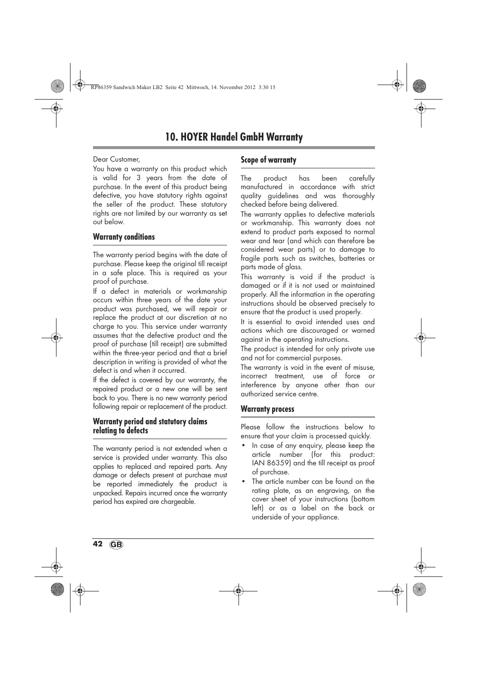 Hoyer handel gmbh warranty | Silvercrest SSWMD 750 A1 User Manual | Page 44 / 46