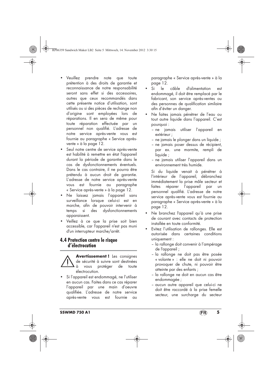 4 protection contre le risque d’électrocution | Silvercrest SSWMD 750 A1 User Manual | Page 7 / 46