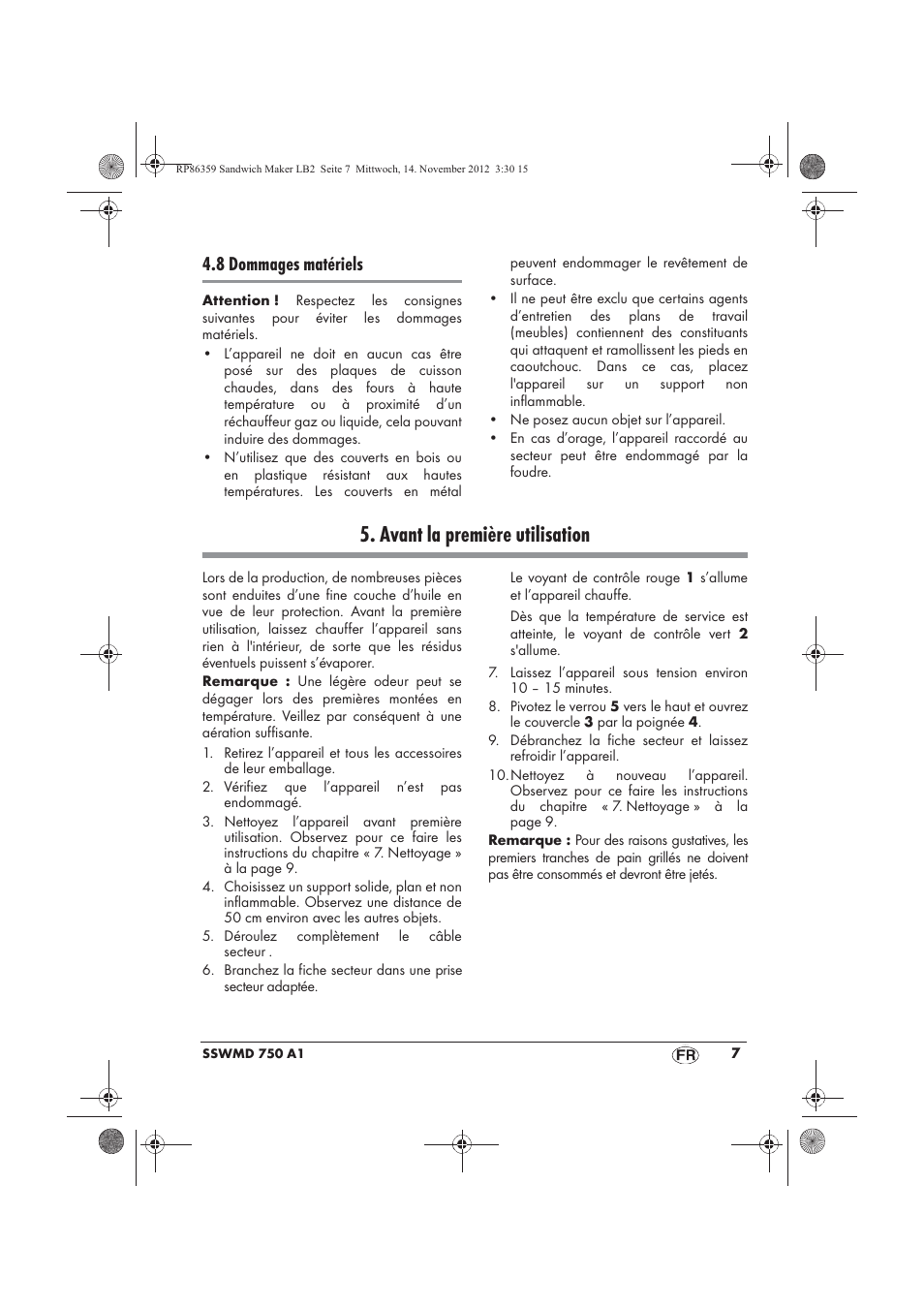 Avant la première utilisation, 8 dommages matériels | Silvercrest SSWMD 750 A1 User Manual | Page 9 / 46