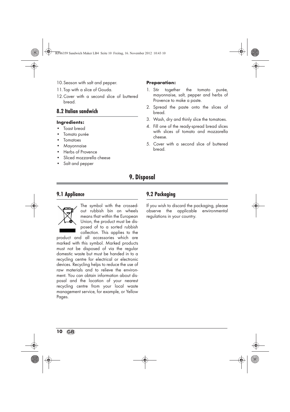 Disposal, 2 italian sandwich, 1 appliance | 2 packaging | Silvercrest SSWMD 750 A1 User Manual | Page 12 / 78