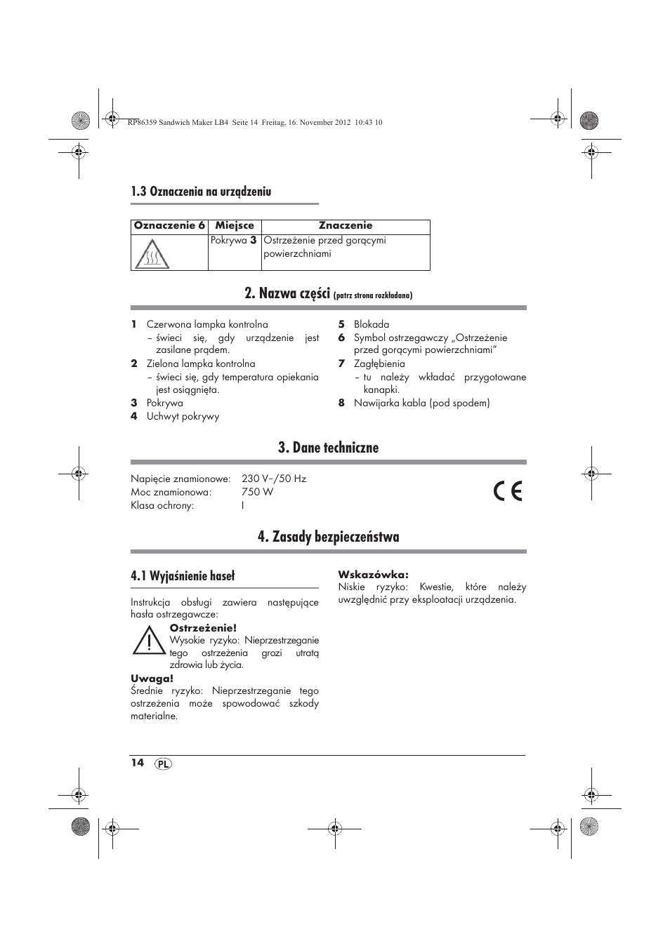 Nazwa części, Dane techniczne, Zasady bezpieczeństwa | 3 oznaczenia na urządzeniu, 1 wyjaśnienie haseł | Silvercrest SSWMD 750 A1 User Manual | Page 16 / 78