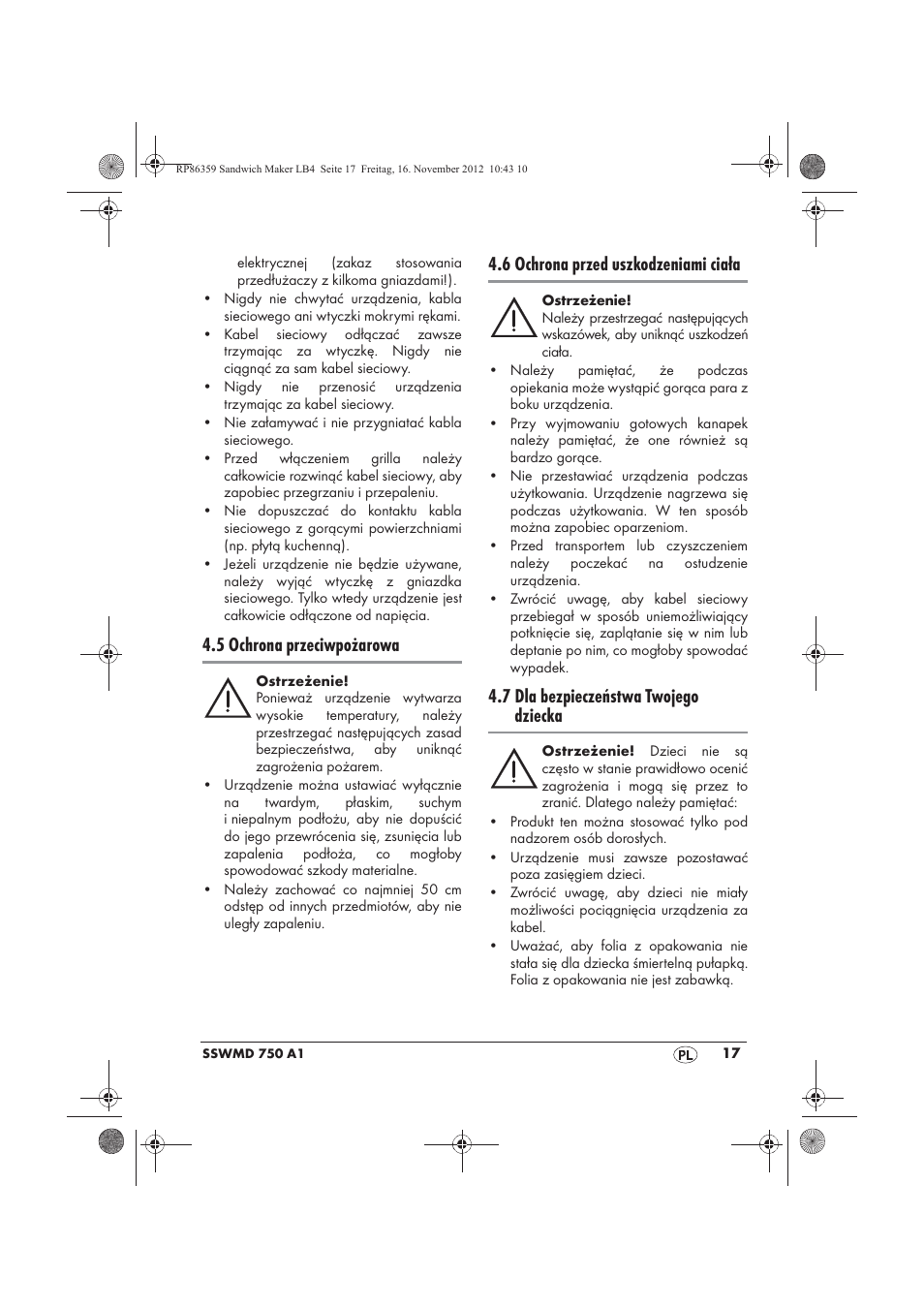 5 ochrona przeciwpożarowa, 6 ochrona przed uszkodzeniami ciała, 7 dla bezpieczeństwa twojego dziecka | Silvercrest SSWMD 750 A1 User Manual | Page 19 / 78