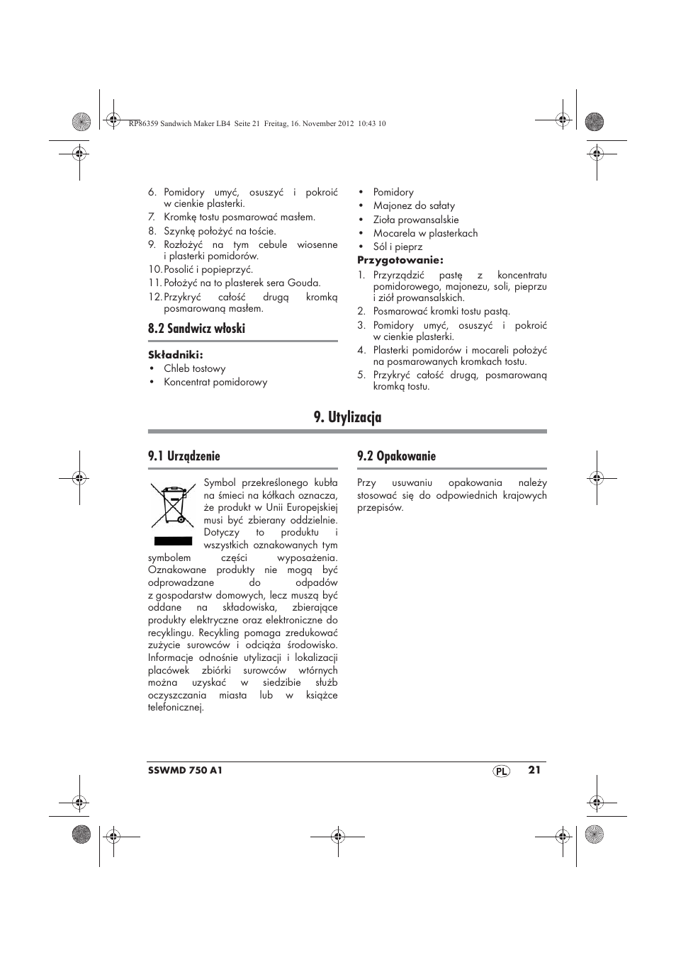 Utylizacja, 2 sandwicz włoski, 1 urządzenie | 2 opakowanie | Silvercrest SSWMD 750 A1 User Manual | Page 23 / 78