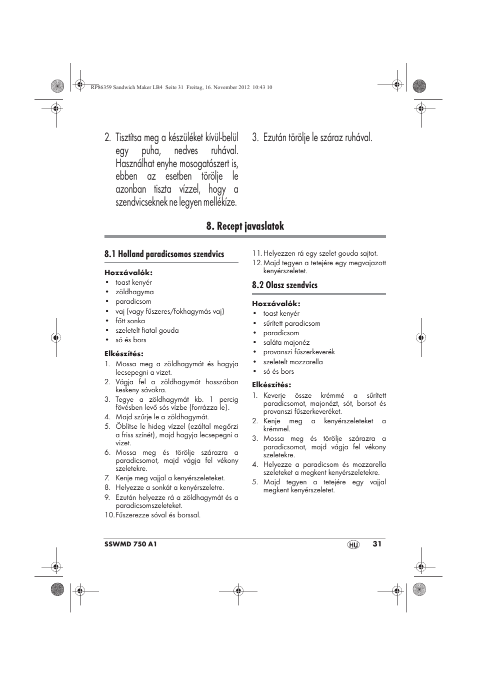 Recept javaslatok, 1 holland paradicsomos szendvics, 2 olasz szendvics | Silvercrest SSWMD 750 A1 User Manual | Page 33 / 78