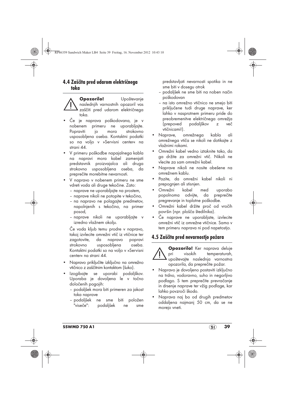 4 zaščita pred udarom električnega toka, 5 zaščita pred nevarnostjo požara | Silvercrest SSWMD 750 A1 User Manual | Page 41 / 78