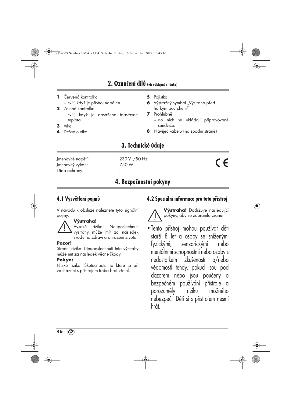 Označení dílů, Technické údaje, Bezpečnostní pokyny | 1 vysvětlení pojmů, 2 speciální informace pro toto přístroj | Silvercrest SSWMD 750 A1 User Manual | Page 48 / 78