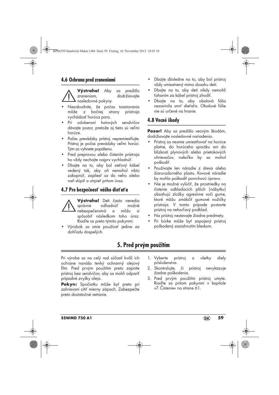 Pred prvým použitím, 6 ochrana pred zraneniami, 7 pre bezpečnosť vášho dieťaťa | 8 vecné škody | Silvercrest SSWMD 750 A1 User Manual | Page 61 / 78