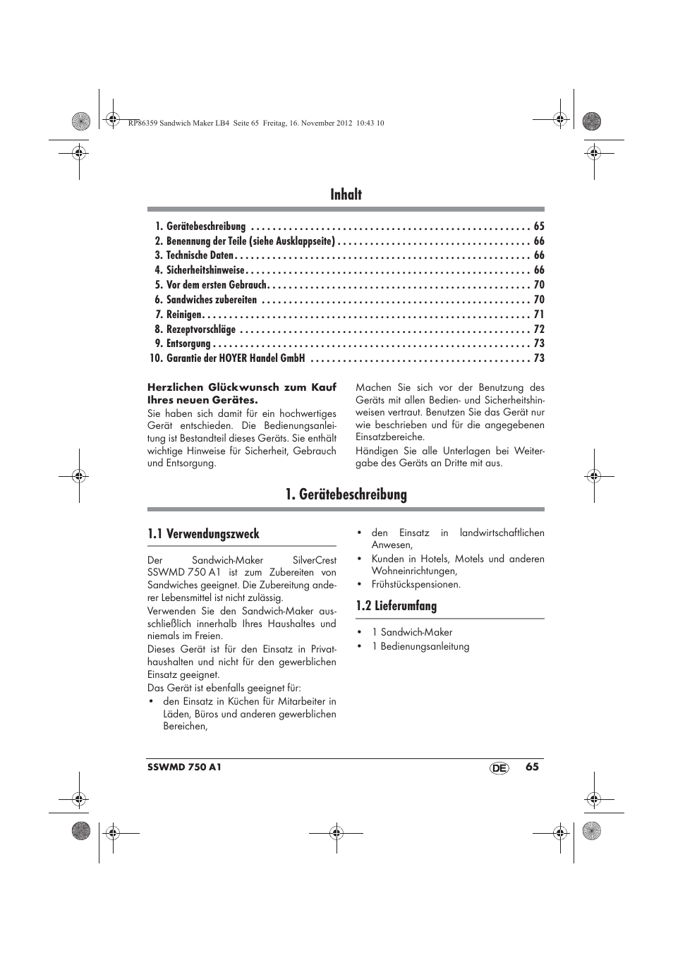 Inhalt, Gerätebeschreibung, 1 verwendungszweck | 2 lieferumfang | Silvercrest SSWMD 750 A1 User Manual | Page 67 / 78