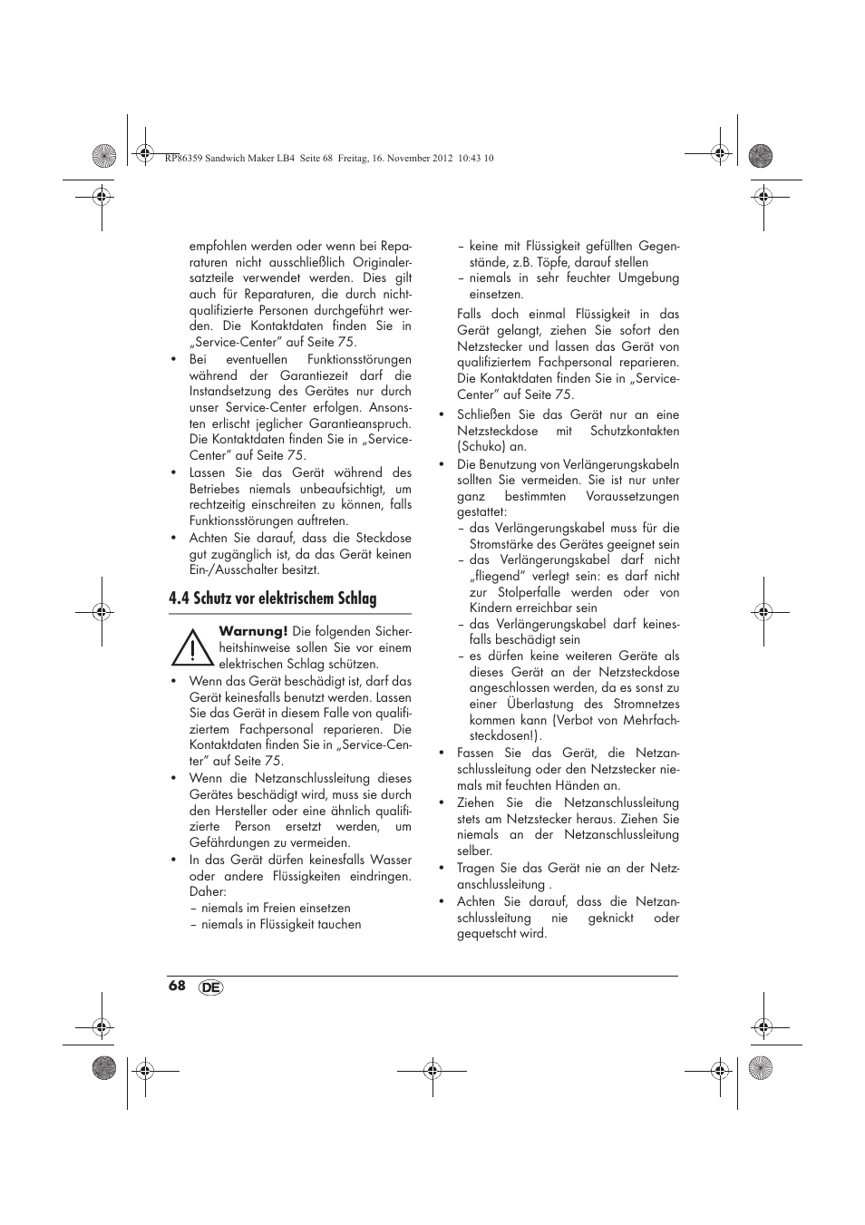 4 schutz vor elektrischem schlag | Silvercrest SSWMD 750 A1 User Manual | Page 70 / 78