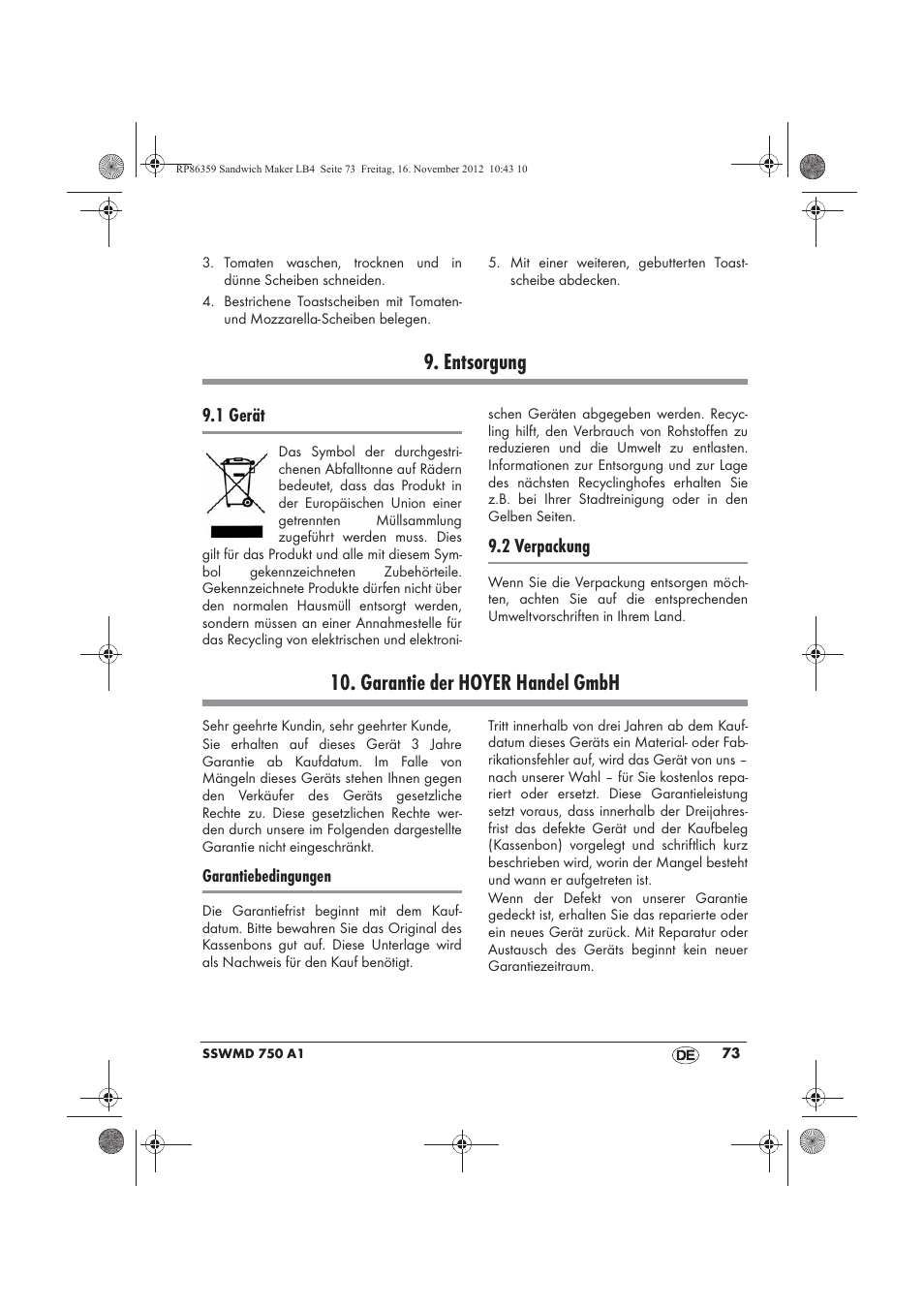 Entsorgung, Garantie der hoyer handel gmbh, 1 gerät | 2 verpackung | Silvercrest SSWMD 750 A1 User Manual | Page 75 / 78