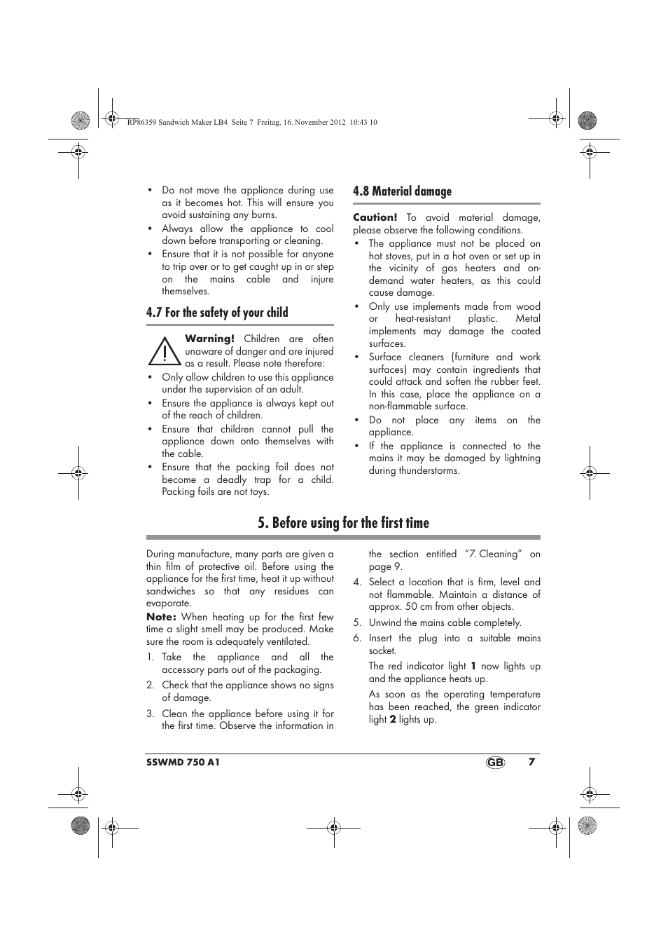 Before using for the first time, 7 for the safety of your child, 8 material damage | Silvercrest SSWMD 750 A1 User Manual | Page 9 / 78