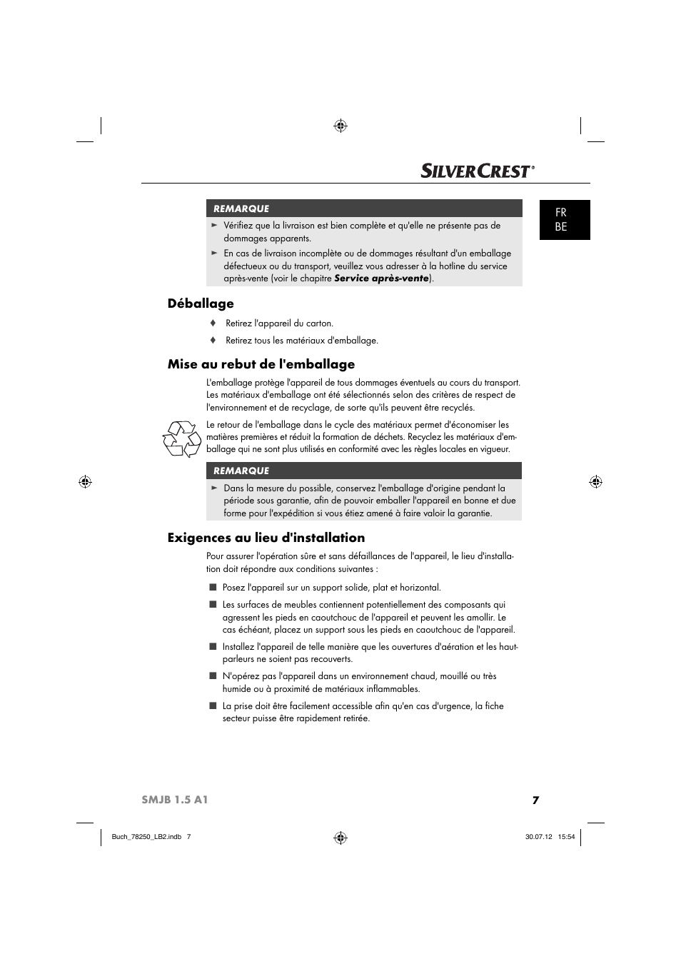 Déballage, Mise au rebut de l'emballage, Exigences au lieu d'installation | Fr be | Silvercrest SMJB 1.5 A1 User Manual | Page 10 / 68