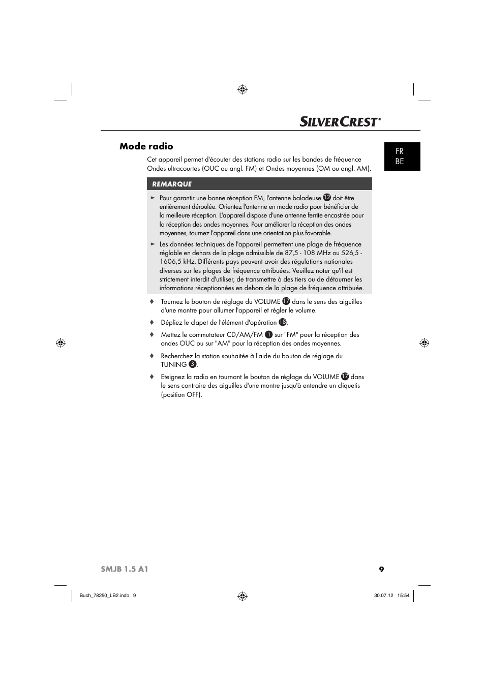 Mode radio, Fr be | Silvercrest SMJB 1.5 A1 User Manual | Page 12 / 68