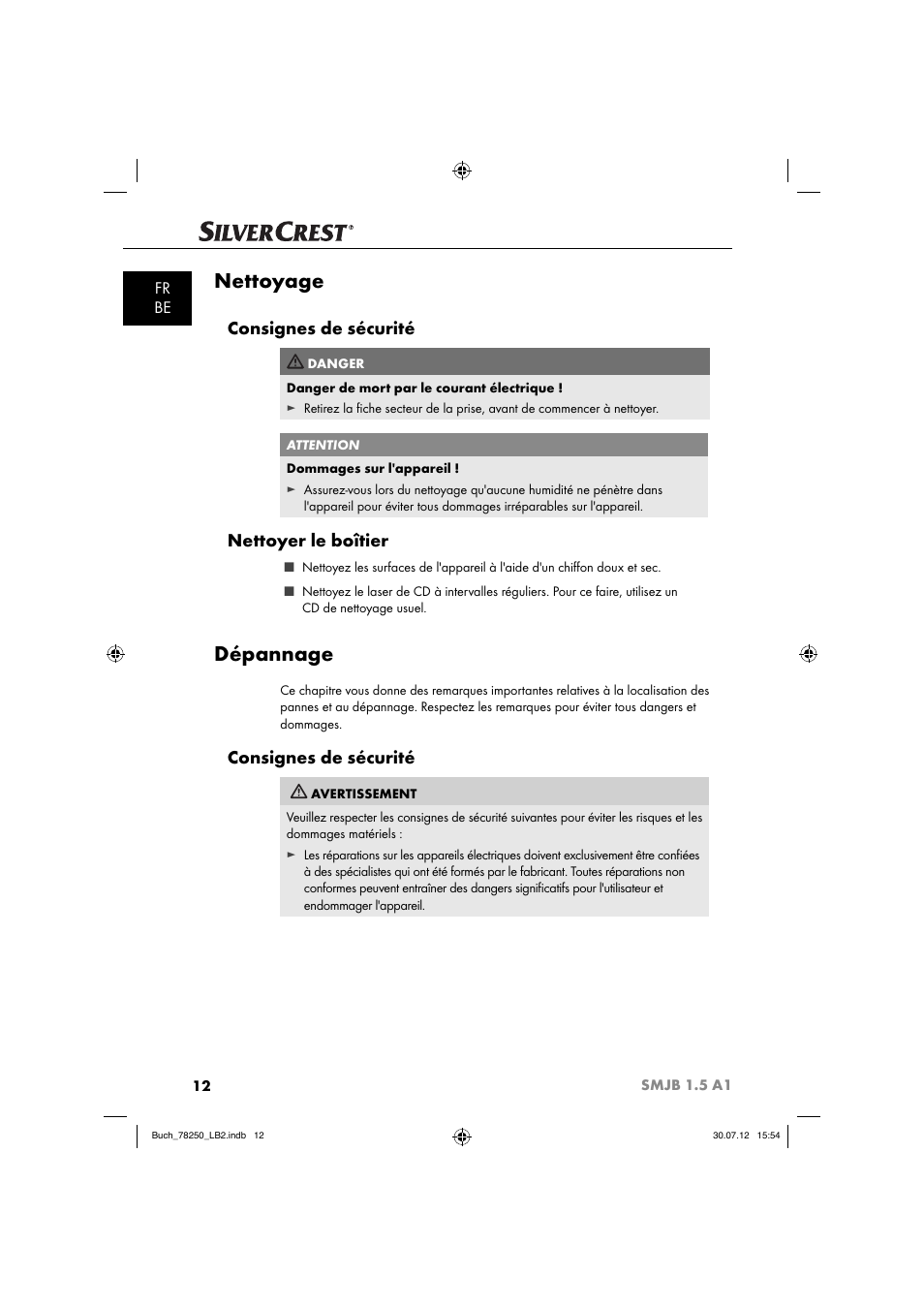 Nettoyage, Dépannage, Consignes de sécurité | Nettoyer le boîtier, Fr be | Silvercrest SMJB 1.5 A1 User Manual | Page 15 / 68