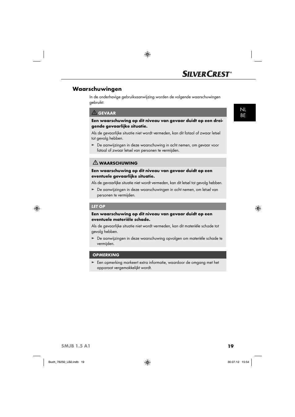 Waarschuwingen, Nl be | Silvercrest SMJB 1.5 A1 User Manual | Page 22 / 68