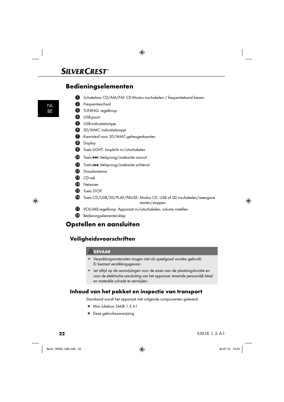 Bedieningselementen, Opstellen en aansluiten, Veiligheidsvoorschriften | Inhoud van het pakket en inspectie van transport, Nl be | Silvercrest SMJB 1.5 A1 User Manual | Page 25 / 68