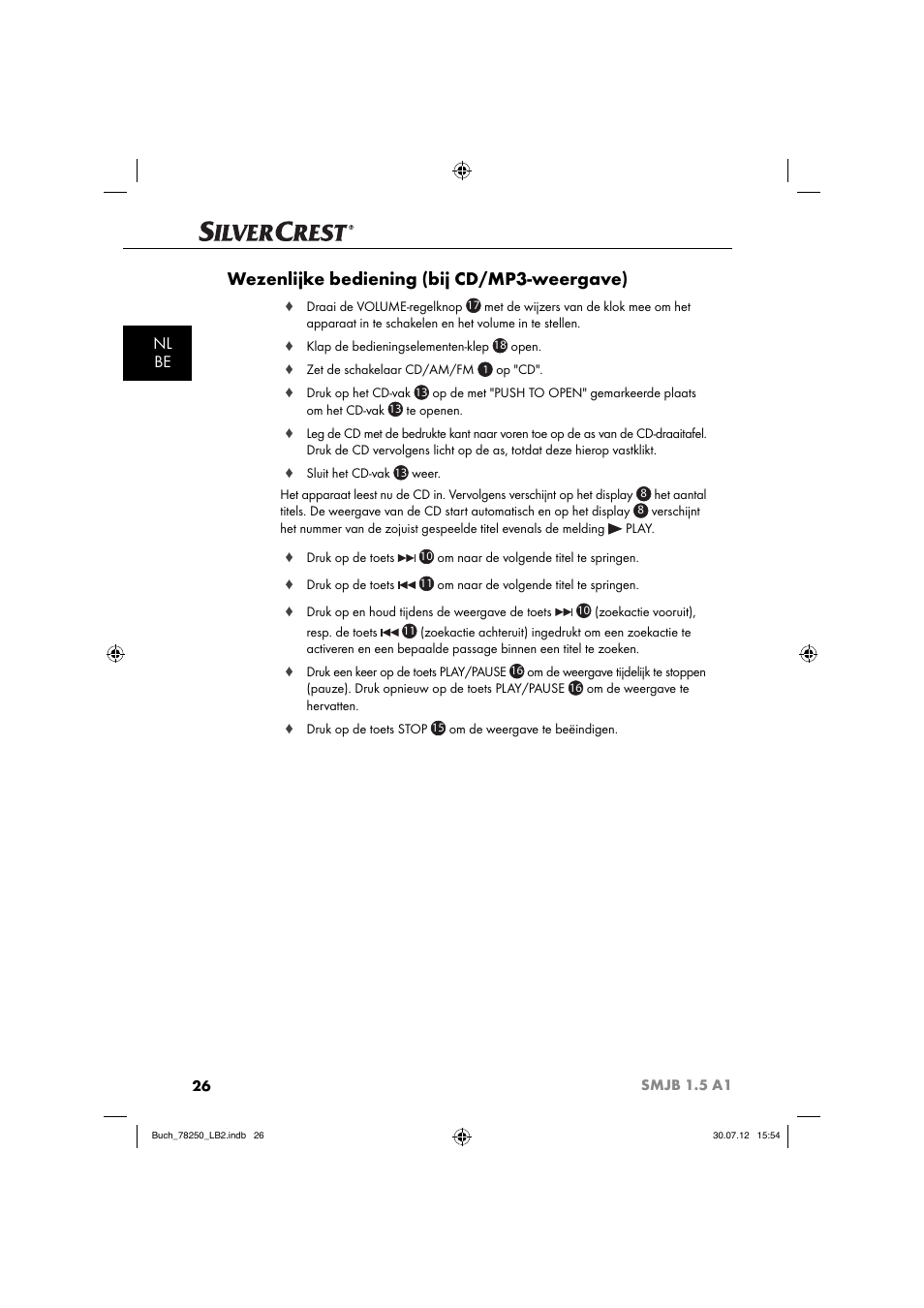 Wezenlijke bediening (bij cd/mp3-weergave), Nl be | Silvercrest SMJB 1.5 A1 User Manual | Page 29 / 68