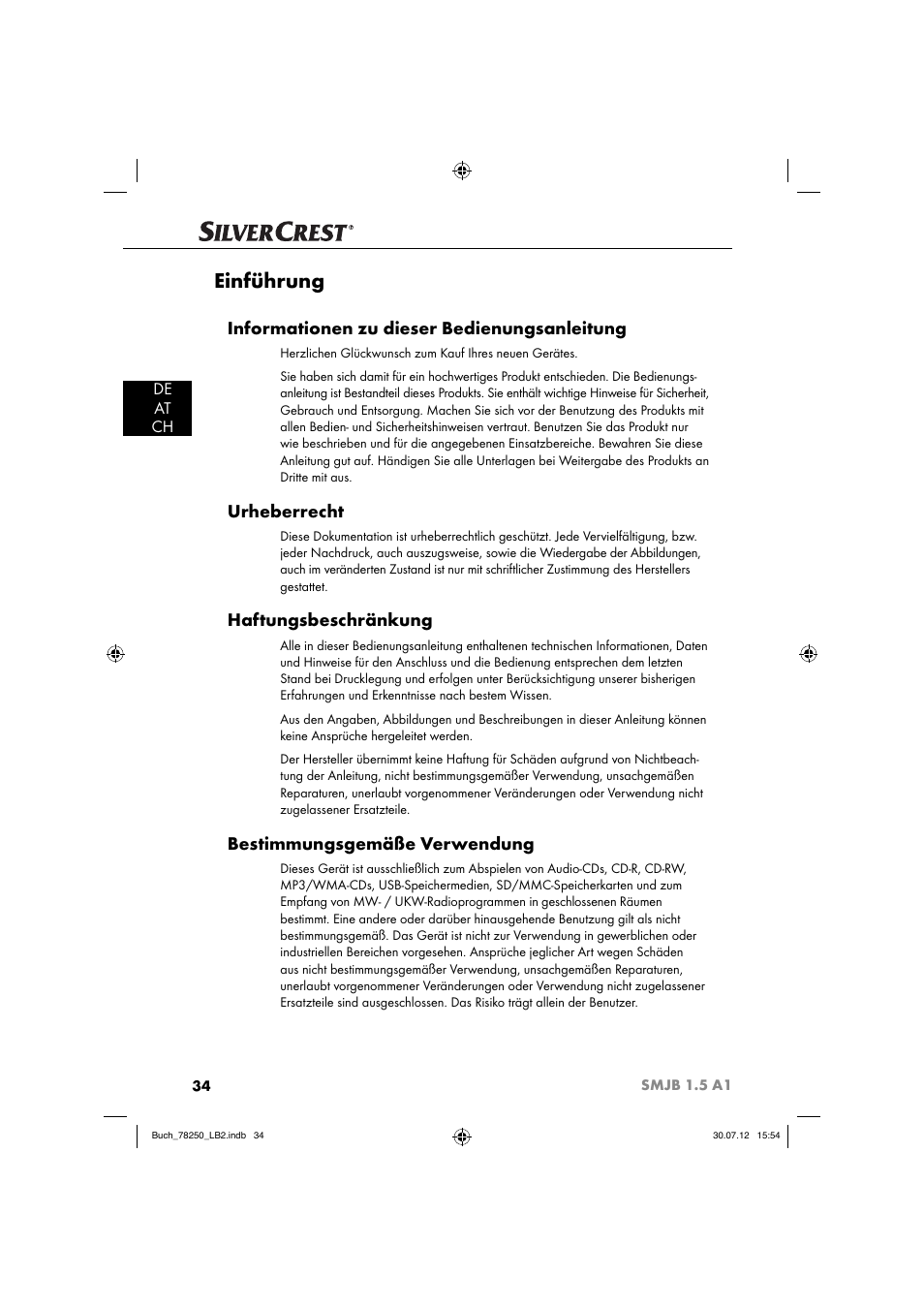 Einführung, Informationen zu dieser bedienungsanleitung, Urheberrecht | Haftungsbeschränkung, Bestimmungsgemäße verwendung, De at ch | Silvercrest SMJB 1.5 A1 User Manual | Page 37 / 68