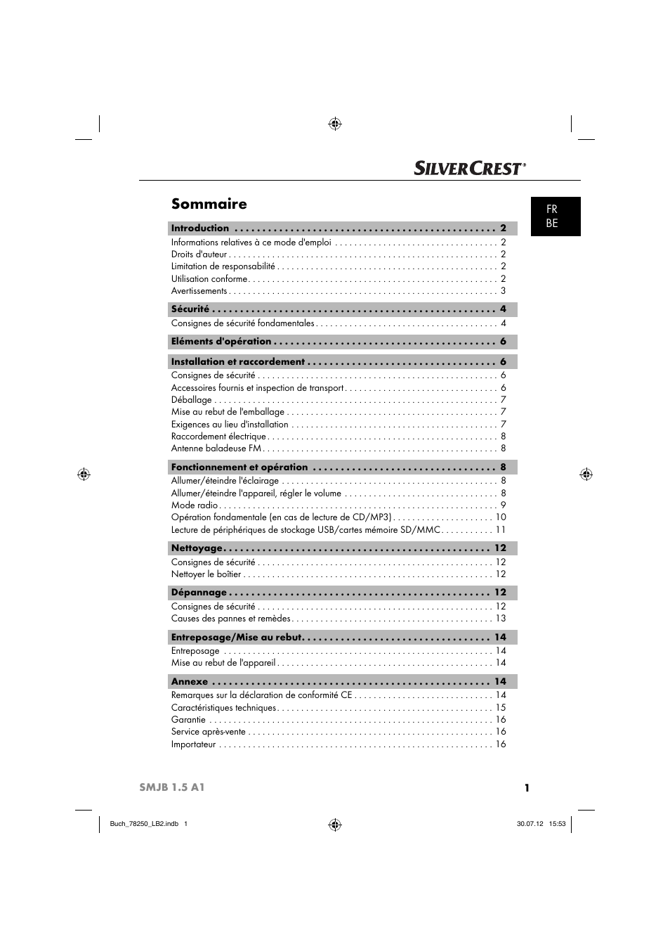 Sommaire, Fr be | Silvercrest SMJB 1.5 A1 User Manual | Page 4 / 68