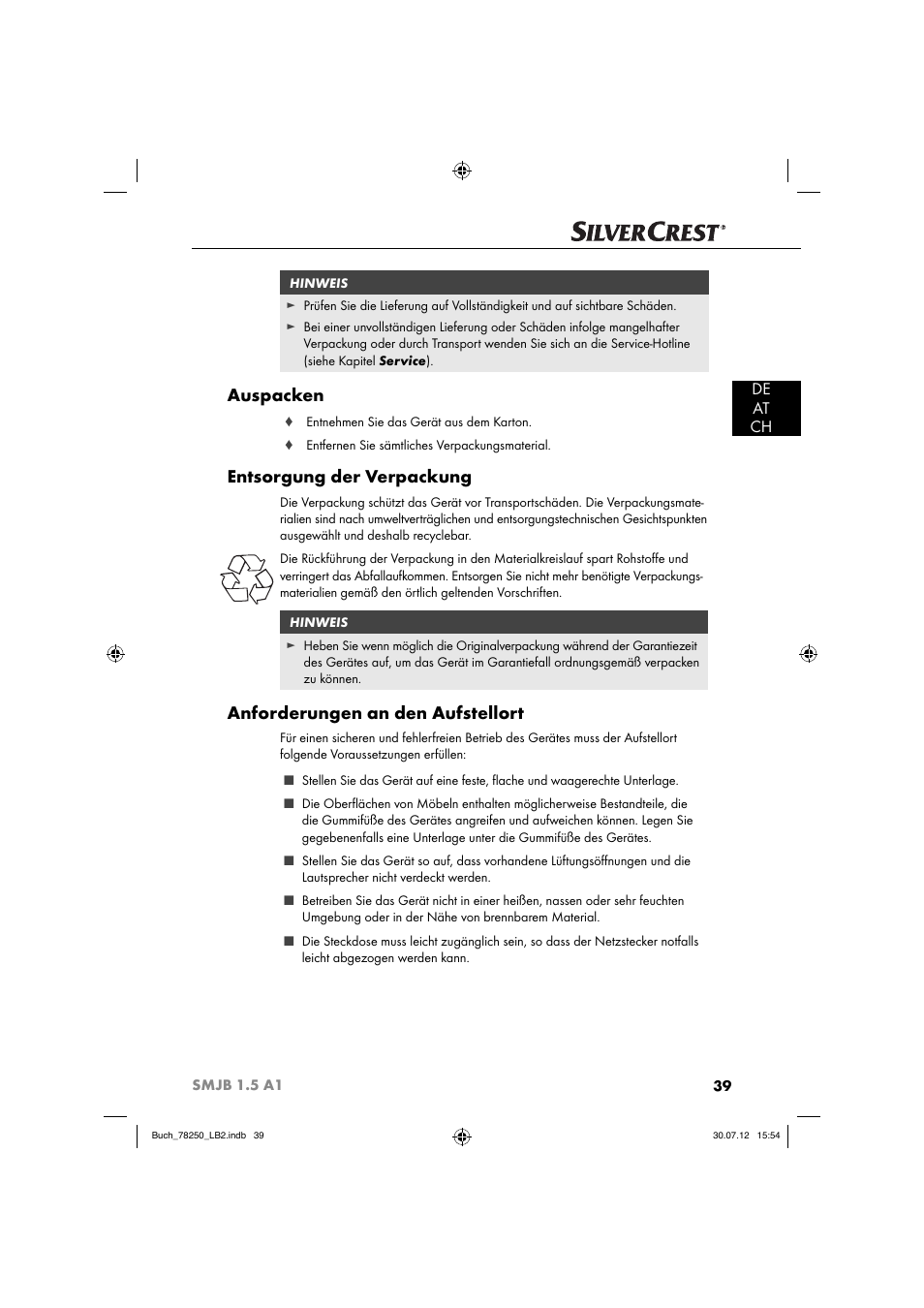 Auspacken, Entsorgung der verpackung, Anforderungen an den aufstellort | De at ch | Silvercrest SMJB 1.5 A1 User Manual | Page 42 / 68