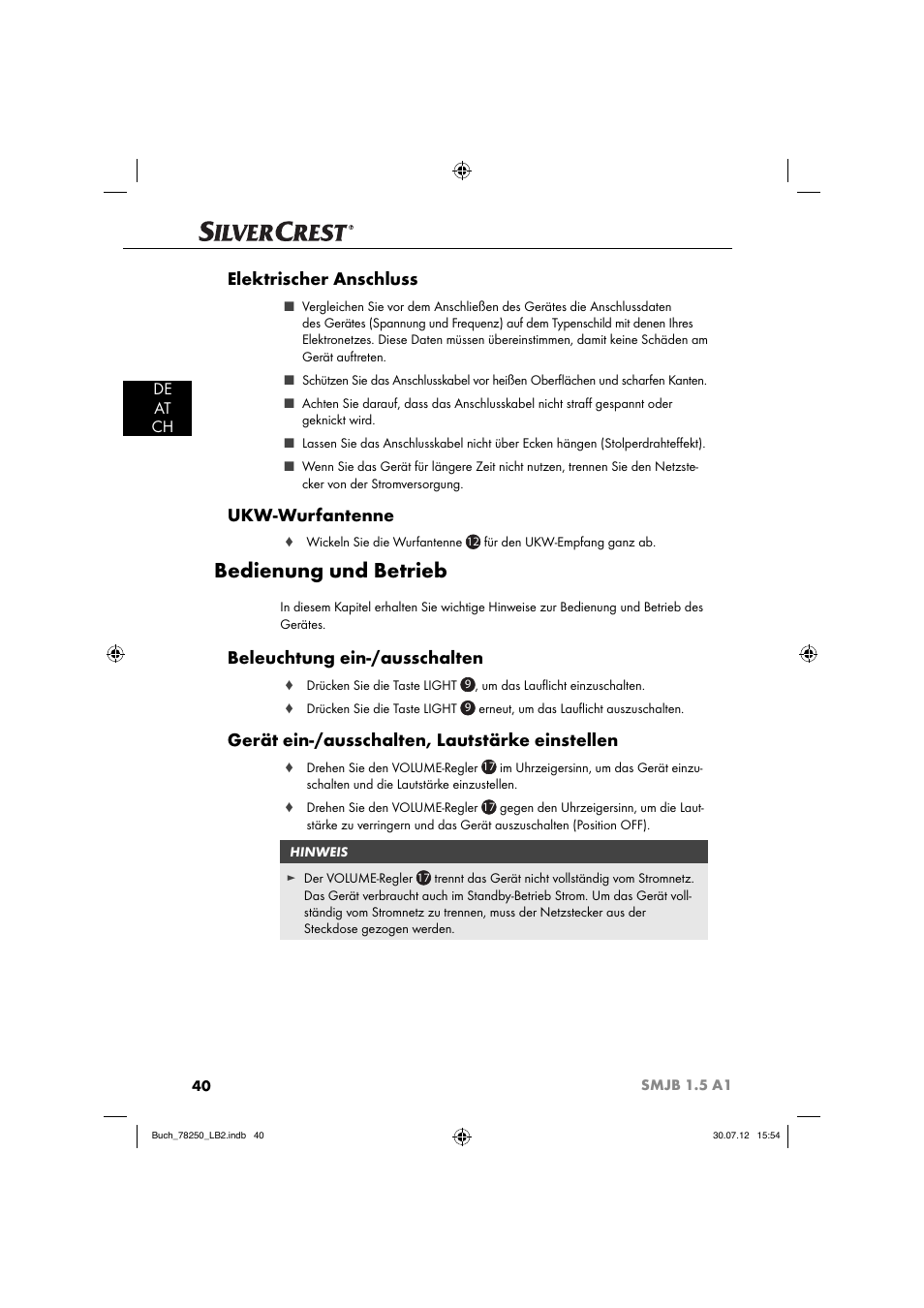 Bedienung und betrieb, Elektrischer anschluss, Ukw-wurfantenne | Beleuchtung ein-/ausschalten, Gerät ein-/ausschalten, lautstärke einstellen, De at ch | Silvercrest SMJB 1.5 A1 User Manual | Page 43 / 68