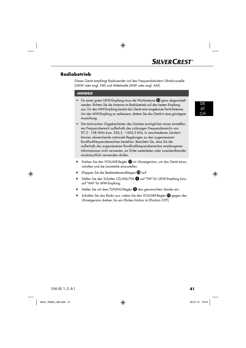 Radiobetrieb, De at ch | Silvercrest SMJB 1.5 A1 User Manual | Page 44 / 68